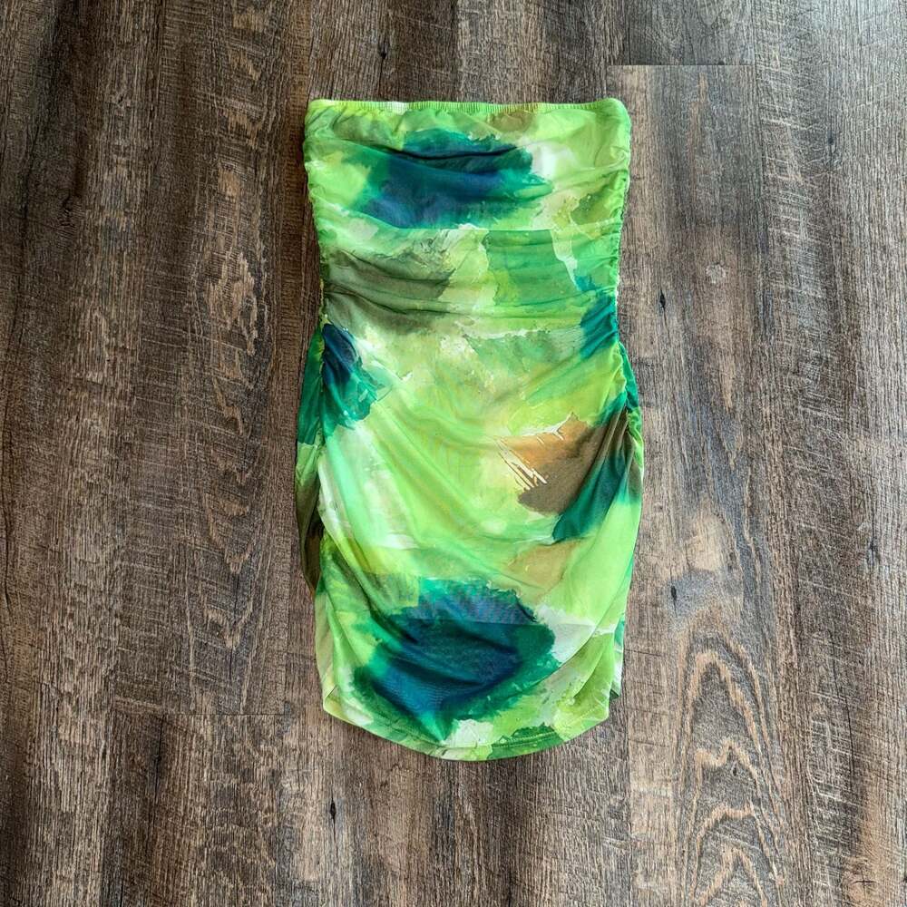 Green Abstract Watercolor Print Ruched Bandeau Mesh Mini Dress
